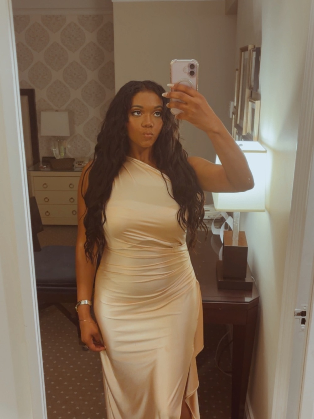 Women’s One-Shoulder Satin Evening Gown in Champagne